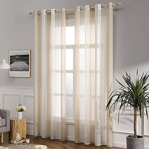 MIULEE Cortinas Translucida de Moderno Ventana Visillos Rayas Salon Paneles con Ojales para Sala Cuarto Comedor Salon Cocina Habitación 140 x 260 cm, 2 Unidades Blanco+Beige