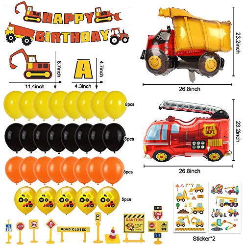 MMTX Decoracion Cumpleaños Globos de Feliz Cumpleaños Primer Cumpleaños Niño 1 año con Guirnalda Cumpleaños, Vehículo Camión Bomberos Globo de Aluminio, Suministros para Fiestas de Construcción(58pcs)