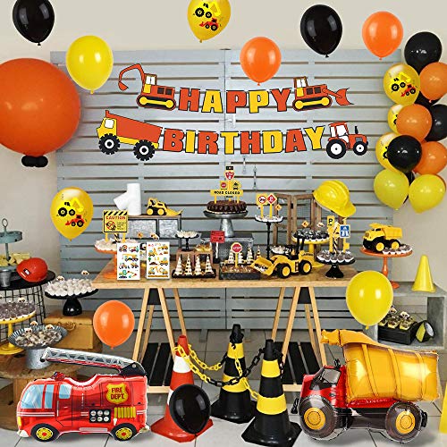 MMTX Decoracion Cumpleaños Globos de Feliz Cumpleaños Primer Cumpleaños Niño 1 año con Guirnalda Cumpleaños, Vehículo Camión Bomberos Globo de Aluminio, Suministros para Fiestas de Construcción(58pcs)