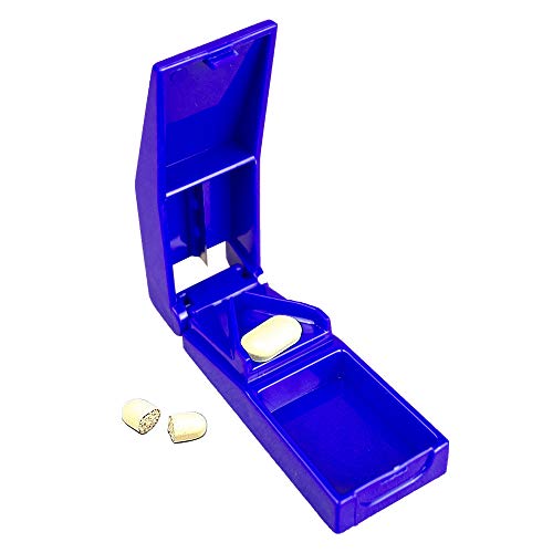 Mobiclinic, Cortador o divisor de comprimidos, medicamentos, pastillas, con contenedor, Azul