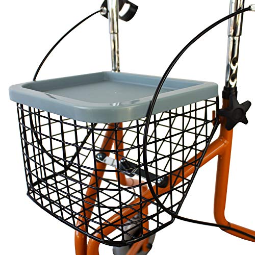 Mobiclinic, Modelo Caleta, Andador para ancianos, mayores y minusválidos, Rollator de acero, andador caminador, ligero, regulable en altura, frenos en las manetas, plegable, cesta, 3 ruedas, naranja