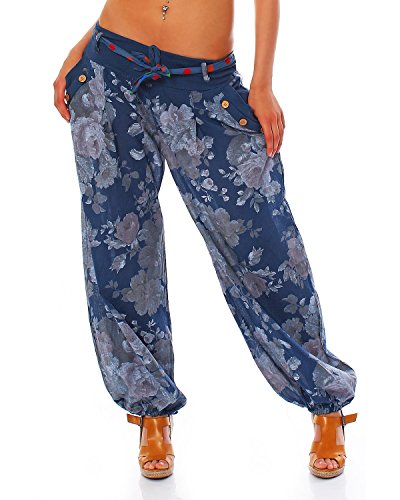 Moda Italy Pantalón tipo bombacho/harem para mujer, pantalón de verano con cinturón de tela y estampado floral azul vaquero talla única 38/44 ES