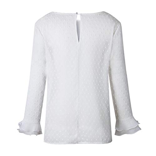 Moda Mujer Casual Encaje Sexy Lunares O Cuello Dulce Volante Camiseta Manga Larga Tops Blusa Luckycat (Blanco, Pequeña)