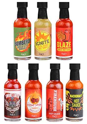 Modern Gourmet Foods, Set de Regalo Muestrario de Salsas Picantes "Fire Truck", Los Sabores Incluyen Salsa Verde, Salsa Picante de Ajo, y más, Set de 7