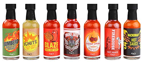 Modern Gourmet Foods, Set de Regalo Muestrario de Salsas Picantes "Fire Truck", Los Sabores Incluyen Salsa Verde, Salsa Picante de Ajo, y más, Set de 7