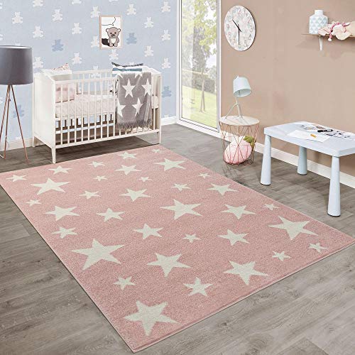 Moderna Alfombra Pelo Corto Estrellas Habitación Infantil Pastel Rosa Blanco, tamaño:80x150 cm