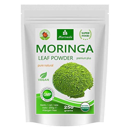 Moringa 250g polvo de hoja, oleifera PREMIUM PLUS alimentos crudos certificada (1x250g)