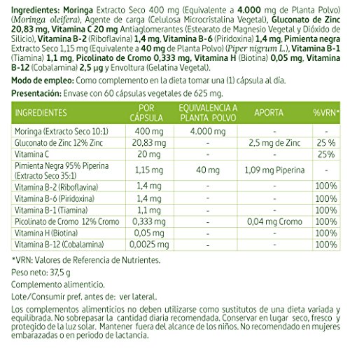 Moringa oleifera complex 4.000 mg 60 cápsulas vegetales con zinc, cromo, pimienta negra, vitaminas C, B-1, B-2, B-6, B-12 y Biotina