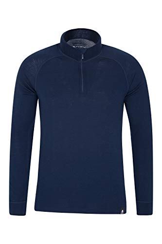 Mountain Warehouse Camiseta térmica Interior en Lana Merina con Manga Larga para Hombre - Camiseta Transpirable, Media Cremallera, Camiseta cómoda - para Acampar Azul Marino M