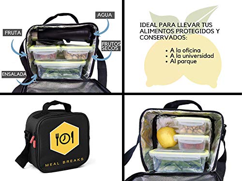 MOZKITA Bolsa termica Porta Alimentos + 4 fiambreras herméticas para microondas + Cubiertos 3 litros Capacidad Resistente Bandolera Asa Ajustable Fácil Transporte