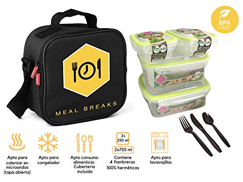 MOZKITA Bolsa termica Porta Alimentos + 4 fiambreras herméticas para microondas + Cubiertos 3 litros Capacidad Resistente Bandolera Asa Ajustable Fácil Transporte