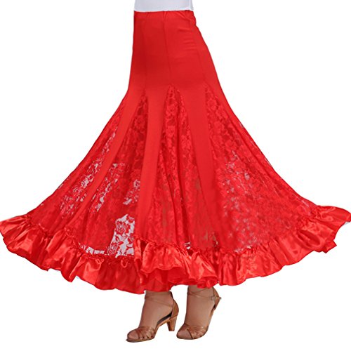 Mujer Profesional Falda de Encaje Grande Vestido de Baile De Flamenco Tango Salsa Latin Talla única Rojo