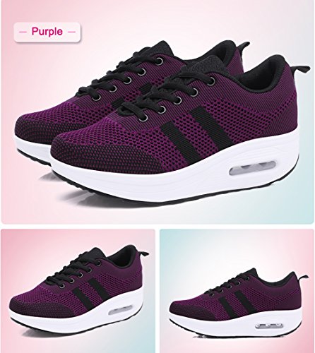 Mujer Zapatillas de Deporte Cuña Zapatos para Correr Plataforma Sneakers con Cordones Calzado de Malla Air Tacón 5cm Negro Rosa Morado Blanco 34-39 Morado 35