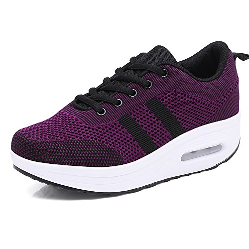 Mujer Zapatillas de Deporte Cuña Zapatos para Correr Plataforma Sneakers con Cordones Calzado de Malla Air Tacón 5cm Negro Rosa Morado Blanco 34-39 Morado 35