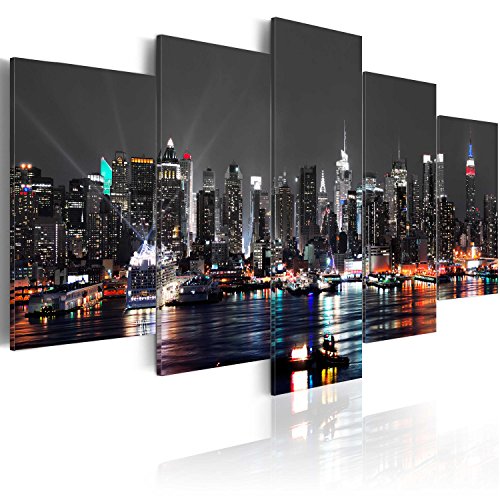 murando - Cuadro 200x100 cm - New York City Impresión de 5 Piezas Material Tejido no Tejido Impresión Artística Imagen Gráfica Decoracion de Pared - Ciudad Noche d-A-0022-b-n