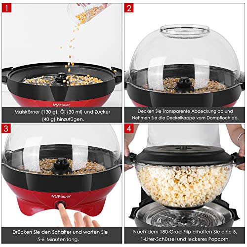 MVPower Popcorn Maker, 800W Popcorn Maker, Superficie de Calentamiento Extraíble Recubrimiento Antiadherente, Tapa Grande, con 2 Tazas de Medición (100 ml, 30 ml), sin BPA, 5 Litros