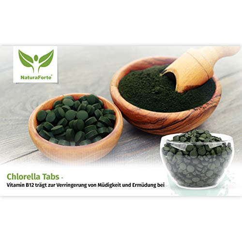 NaturaForte Chlorella 600 Comprimidos de 250mg - 100% pura. Algas Chlorella Vulgaris sin aditivos, con clorofila, vitamina A / B2 / E. Preparado a mano en Alemania