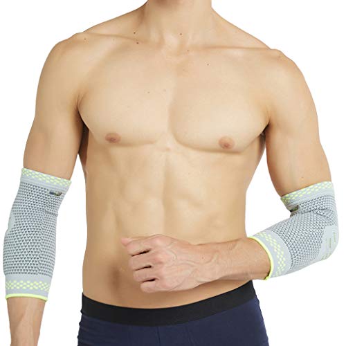 Neotech Care - Codera de compresión (1 Par) con almohadilla de silicona - Manga de compresión ligera, elástica y transpirable - Brazo derecho o izquierdo - Para hombre y mujer - Gris - M