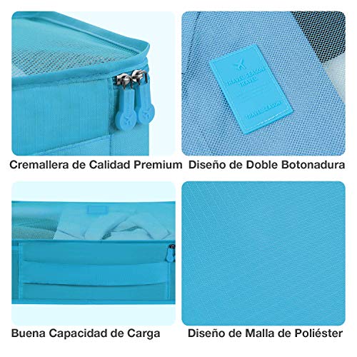 Newdora 7 en 1 Set de Organizador de Equipaje Viaje con Bolsa de Zapato,Impermeable Organizador de Maleta Bolsa para Ropa Sucia de Viaje, Portatrajes de Viaje, Material Nylon, Azul