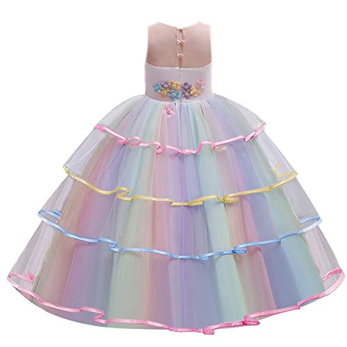 Niñas Disfraz de Halloween Princesa Vestido de Unicornio para Chicas Cumpleaños de Boda Carnaval de Fiesta de Cosplay Navidad Comunión Flor Vestidos de Baile con Diadema Multicolor 4-5