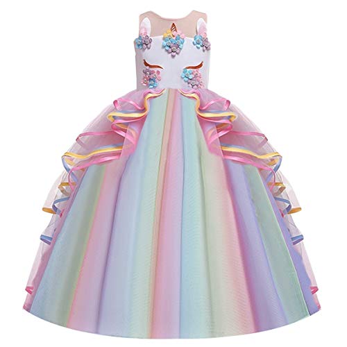 Niñas Disfraz de Halloween Princesa Vestido de Unicornio para Chicas Cumpleaños de Boda Carnaval de Fiesta de Cosplay Navidad Comunión Flor Vestidos de Baile con Diadema Multicolor 4-5