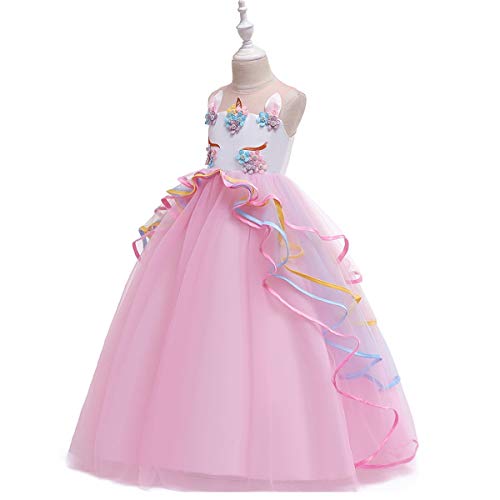 Niñas Disfraz de Halloween Princesa Vestido de Unicornio para Chicas Cumpleaños de Boda Carnaval de Fiesta de Cosplay Navidad Comunión Flor Vestidos de Baile con Diadema Rosa 4-5