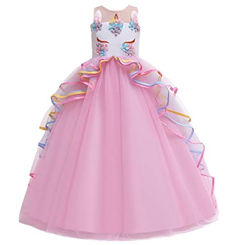 Niñas Disfraz de Halloween Princesa Vestido de Unicornio para Chicas Cumpleaños de Boda Carnaval de Fiesta de Cosplay Navidad Comunión Flor Vestidos de Baile con Diadema Rosa 4-5