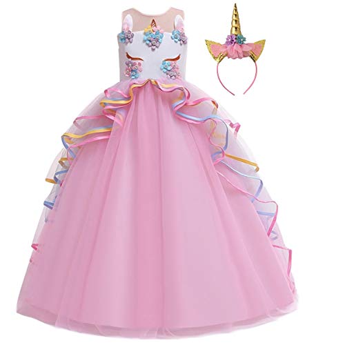 Niñas Disfraz de Halloween Princesa Vestido de Unicornio para Chicas Cumpleaños de Boda Carnaval de Fiesta de Cosplay Navidad Comunión Flor Vestidos de Baile con Diadema Rosa 4-5