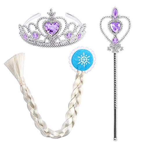 Niñas Vestido de Princesa Elsa Elegante Disfraz de Reina Festivo y Accesorios Conjunto Corona Cetro Peluca Chica Cosplay Traje de Fiesta Carnaval Navidad Boda Fiesta Manga Corta Morado 3-4 Años