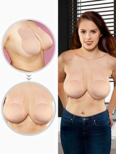 Nipplecovers de elevación 2 Piezas Mujer Conejo Sin Tirantes Sujetador sin Respaldo, Sujetador Invisible de Silicona Autoadhesivo (Negro y Carne, L)