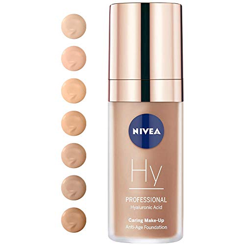 NIVEA PROFESSIONAL Ácido hialurónico, base de maquillaje profesional, 70W, pieles oscuras, maquillaje antiedad para reducir las arrugas, base para maquillaje con triple efecto antiedad, 1 x 30 ml