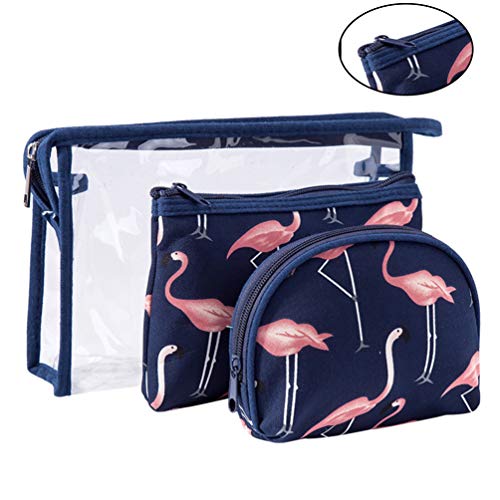 NONE 3Pcs Bolsa de Maquillaje Cosmético Flamingo Impreso Portátil Impermeable Bolsa de Maquillaje Transparente Bolsa de Almacenamiento Bolsa de Viaje Bolsa de Aseo- (Azul Oscuro)