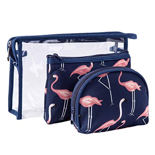 NONE 3Pcs Bolsa de Maquillaje Cosmético Flamingo Impreso Portátil Impermeable Bolsa de Maquillaje Transparente Bolsa de Almacenamiento Bolsa de Viaje Bolsa de Aseo- (Azul Oscuro)