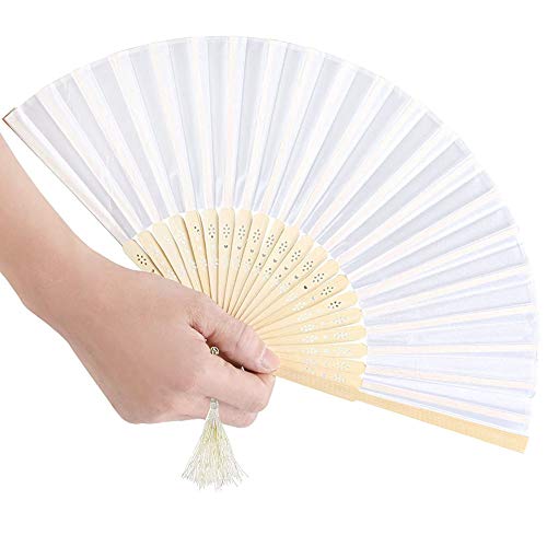 Nsiwem Abanico Plegable de Mano Tela Blanco 10 Piezas Ventilador Plegable Ventiladores de Mano Bambú Abanicos boda para invitados con el bolso del organza para Decoración Fiesta Boda DIY Regalo