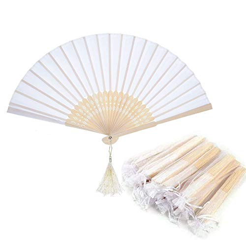 Nsiwem Abanico Plegable de Mano Tela Blanco 10 Piezas Ventilador Plegable Ventiladores de Mano Bambú Abanicos boda para invitados con el bolso del organza para Decoración Fiesta Boda DIY Regalo