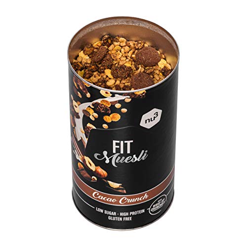 nu3 Fit Protein Muesli - Avena con proteína sabor Cacao Crunch - 450 g de muesli proteico con bayas, almendras, guaraná y matcha - 36% de proteínas y solo 4% de azúcar – Ideal en dietas sin gluten