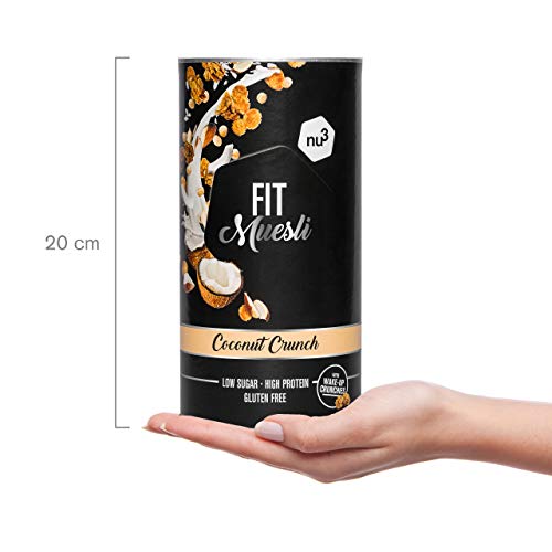 nu3 Fit Protein Muesli - Avena con proteína sabor Coconut Crunch - 450 g de muesli proteico con coco, almendras, guaraná y matcha - 36% de proteínas y solo 4% de azúcar – Ideal en dietas sin gluten