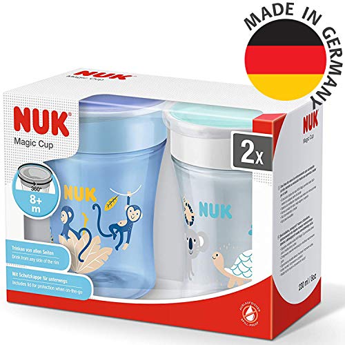 NUK Magic Cup vaso antiderrame bebe | Borde a prueba de derrames de 360° | +8 meses | Sin BPA | 230 ml | Mono/Koala (Azul) | 2 unidades