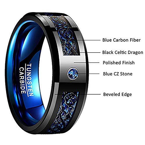 NUNCAD Anillo Hombre Mujer Unisex de Tungsteno con Zirconia Azul y Carbono Celta Negro + Azul 8mm de Ancho para Compañero Amigos Idea de Regalo Talla 67 (21,4 mm)