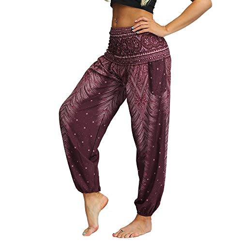 Nuofengkudu Mujer Hippies Pantalones Harem Tailandeses Boho Estampados Bolsillos Cintura Alta Baggy Yoga Pants Verano Playa Fiesta (Marrón B,Talla única)