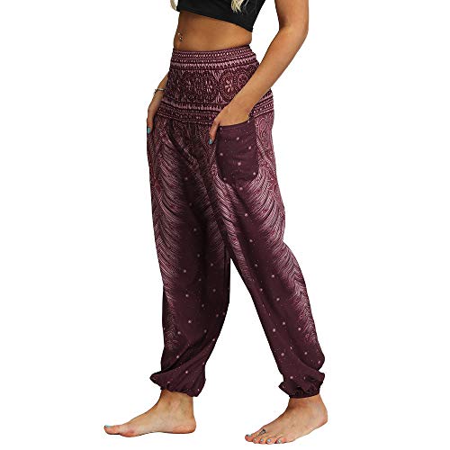 Nuofengkudu Mujer Hippies Pantalones Harem Tailandeses Boho Estampados Bolsillos Cintura Alta Baggy Yoga Pants Verano Playa Fiesta (Marrón B,Talla única)