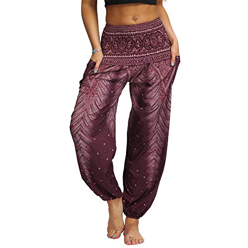 Nuofengkudu Mujer Hippies Pantalones Harem Tailandeses Boho Estampados Bolsillos Cintura Alta Baggy Yoga Pants Verano Playa Fiesta (Marrón B,Talla única)