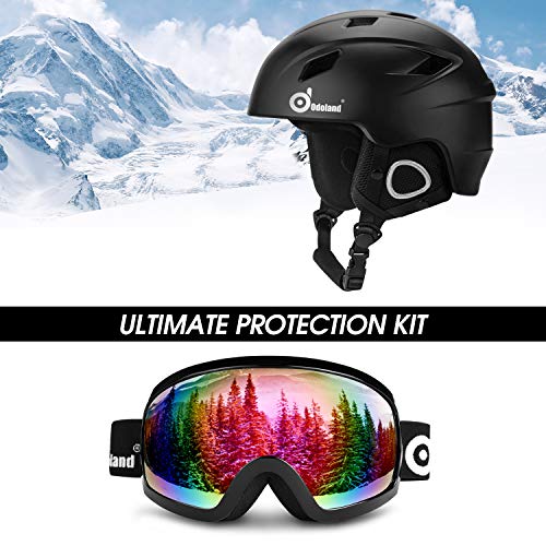 Odoland Kit de Casco de Esquí con Gafas de Esquí, Casco Deportivo Unisex para Adultos, Jóvenes y Niño, Protección UV 400 y a Prueba de Viento, Casco para Esquí y Montañismo, Negro, L:57-59cm