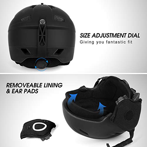 Odoland Kit de Casco de Esquí con Gafas de Esquí, Casco Deportivo Unisex para Adultos, Jóvenes y Niño, Protección UV 400 y a Prueba de Viento, Casco para Esquí y Montañismo, Negro, L:57-59cm