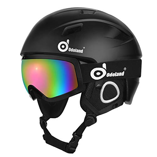 Odoland Kit de Casco de Esquí con Gafas de Esquí, Casco Deportivo Unisex para Adultos, Jóvenes y Niño, Protección UV 400 y a Prueba de Viento, Casco para Esquí y Montañismo, Negro, L:57-59cm