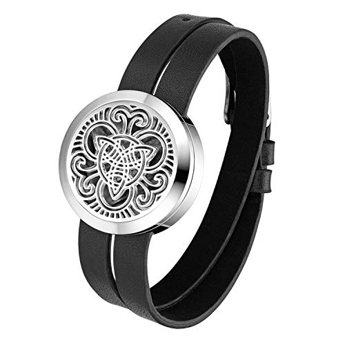 OIDEA Difusor de Aceites Esenciales Pulsera Hombre Mujer Acero Inoxidable Hueco con Cadena Cuero Brazalete Piel Buen Regalo para Hombre Mujer