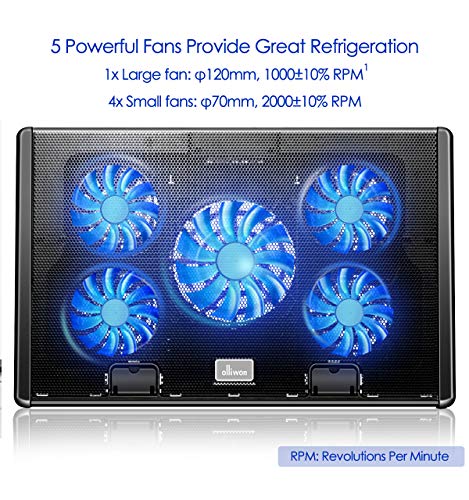 Olliwon Base de Refrigeración para Ordenador Portátil,5 Ventiladores Ultrasilenciosos con LED, Velocidad Ajustable, hasta 17.6 Pulgadas con 2 Puertos USB