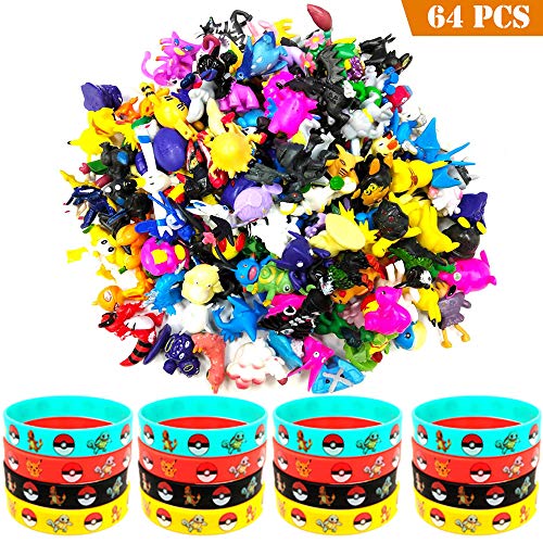 OMZGXGOD - 48 Piezas Pikachu Monstruo Mini Figuras + 16 Pulseras de Silicona