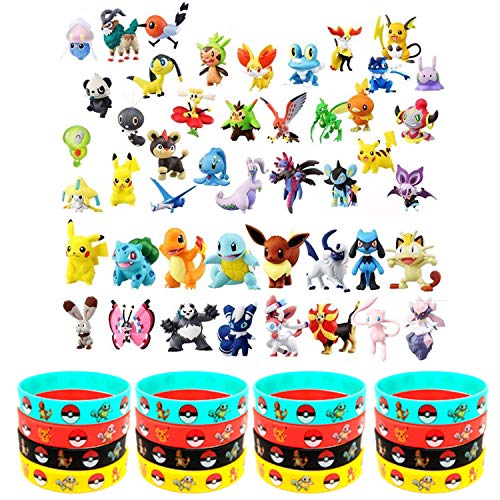 OMZGXGOD - 48 Piezas Pikachu Monstruo Mini Figuras + 16 Pulseras de Silicona