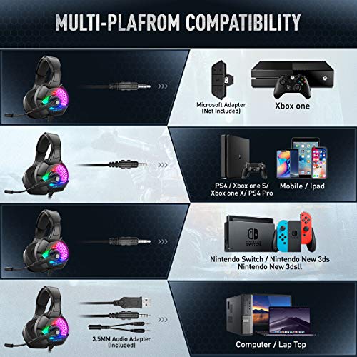 ONIKUMA Auriculares Gaming -Cascos PS4 con Micrófono, Sonido Envolvente Luz Azul Cascos Xbox One Auriculares PC con Cancelación de Ruido